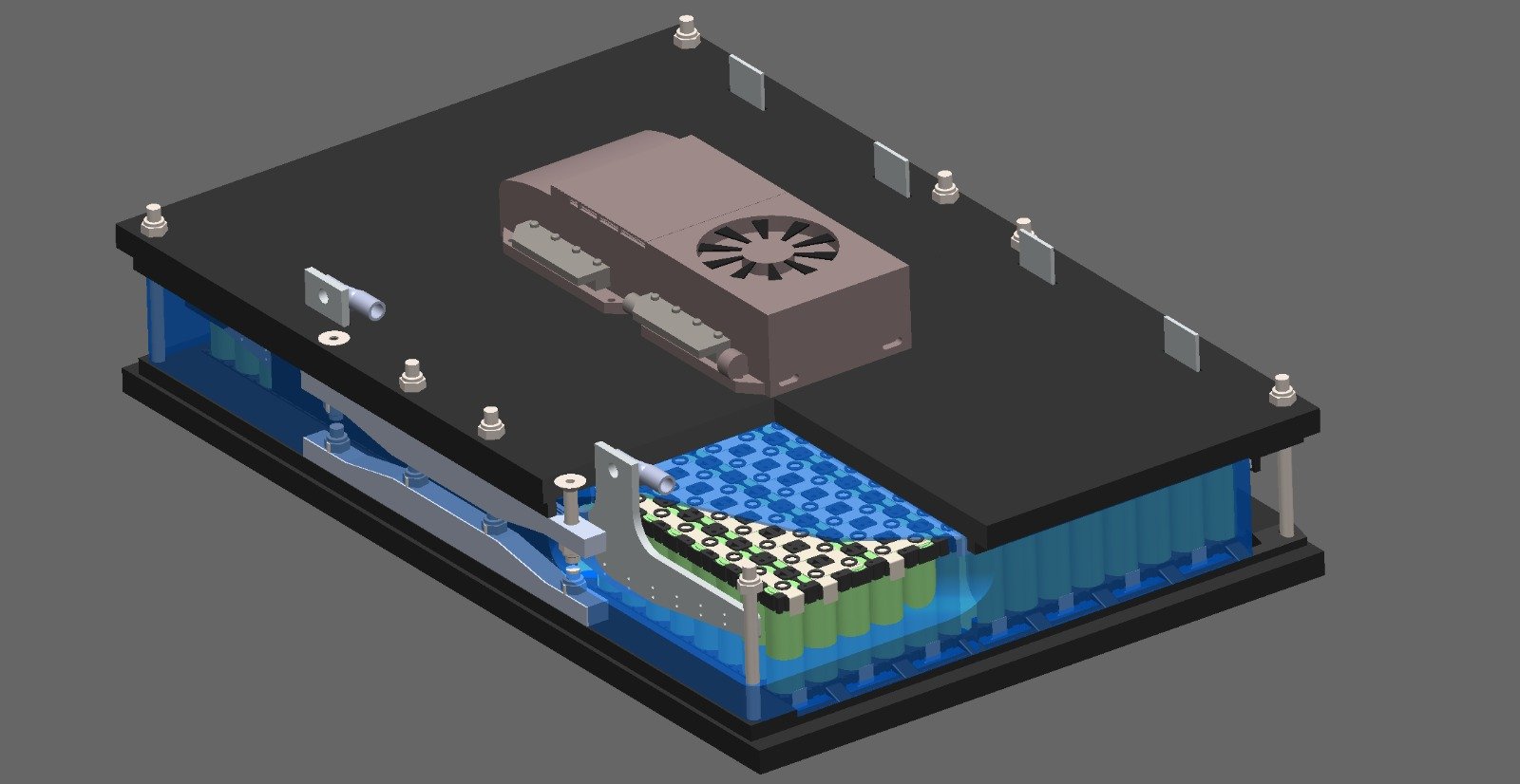 Volador Energy immersion-cooled battery module cutaway showing cells in dielectric fluid